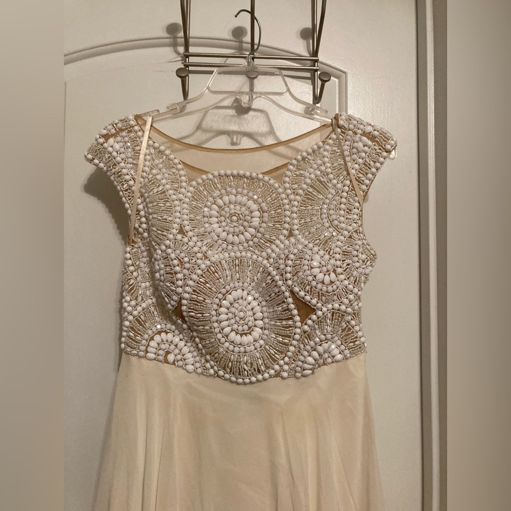 Mac Duggal Cream and White Beaded Long Cap Sleeve Formal Dress